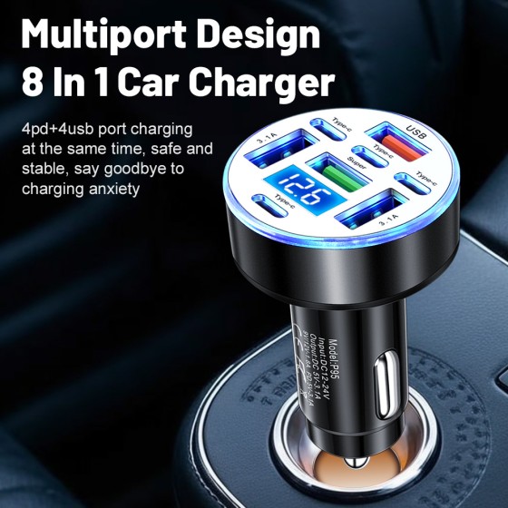 40W octave with voltage digital display car charger 4USB 4PD car charger support fast charging